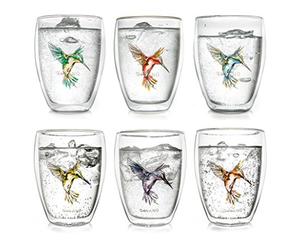 Creano Lot de 6 Verres Thermiques Double Paroi 250 ml - Verres à Café & Thé en Verre Borosilicate avec Motif Colibri Multicoloremmi, latte macchiato