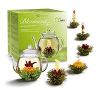 Creano Mélange de fleurs de thé - Coffret cadeau avec théière en verre, Thé vert fruité aromatisé (6 variétés de roses thé), thé en fleur, cadeau de Pâques