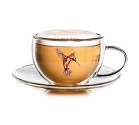 Creano Tasse à Thé Double Paroi 250ml avec Soucoupe Hummi - Motif Colibri Inaltérable - Verre Thermique en Borosilicate pour Thé, Café & Cappuccino - Rouge