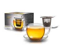 Creano Tasse à Thé JUMBO en Verre Avec Poignée en Acier Inoxydable et Filtre intégré, Couvercle en Berre et Soucoupe | 450ml