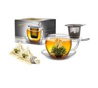 Creano Tasse à thé XXL Jumbo avec Anse et passoire intégrée en Acier Inoxydable, Couvercle et Soucoupe - dans Un Set de 2 Fleurs de Thé au Format Tasse, 450ml