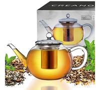 Creano Théière 1,6 l en verre anti-goutte avec filtre inox intégré et couvercle en verre - élégante et résistante à la chaleur - pour thé en vrac, thé en fleurs et tisanes
