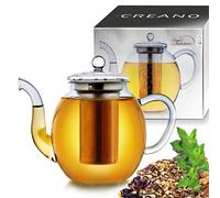 Creano Théière 1 l en verre borosilicaté "haute" avec filtre en acier inoxydable amovible et couvercle en verre - élégante et anti-goutte - pour thé en vrac et fleurs de thé
