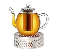 Creano Théière en Verre 1.0l + Un réchaud en INOX, théière en Verre en 3 Parties avec Tamis en INOX intégré et Couvercle en Verre, idéale pour préparer des thés en Vrac, Anti-Goutte