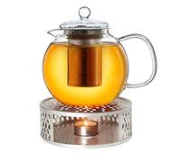 Creano Théière en verre "bec" 1.3 l anti-goutte avec filtre inox et réchaud "Leaf" argent - théière borosilicate pour thé en vrac, sachets de thé et fleurs de thé