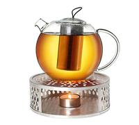 Creano Théière en Verre „Jumbo“ 1 l Anti-Goutte avec Filtre INOX et réchaud „Leaf“ Argent - théière Borosilicate pour thé en Vrac, sachets de thé et Fleurs de thé