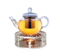 Creano Théière en verre "plate" 0,8 l anti-goutte avec filtre inox et réchaud "Leaf" argent - théière borosilicate pour thé en vrac, sachets de thé et fleurs de thé