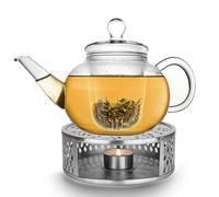 Creano Théière en verre „Plate“ 1,2 l anti-goutte avec filtre en verre et réchaud „Leaf“ argent - théière borosilicate pour thé en vrac, sachets de thé et fleurs de thé
