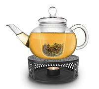 Creano Théière en verre „Plate“ 1,2 l anti-goutte avec filtre en verre et réchaud „Leaf“ noir - théière borosilicate pour thé en vrac, sachets de thé et fleurs de thé