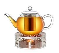 Creano Théière en Verre Plate 1,6 l Anti-Goutte avec Filtre INOX et réchaud Leaf Argent - théière Borosilicate pour thé en Vrac, sachets de thé et Fleurs de thé