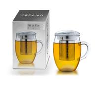 Creano Verre à thé tout en un 400 ml, grande tasse à thé avec passoire en acier inoxydable et couvercle en verre, théière dans un emballage cadeau attrayant (1x 400 ml)