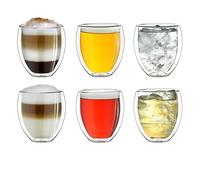 Creano Verre Double Paroi 250 ml - Modèle Rond Isolant en Verre Borosilicate pour Boissons Chaudes et Froides - Lot de 6 verres