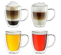 Creano Verre Double Paroi avec Anse 400 ml - Modèle Haut Isolant en Verre Borosilicate pour Boissons Chaudes et Froides - lot de 4 verres