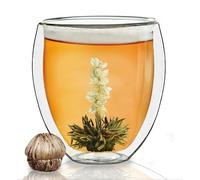 Creano Verre Double Paroi XXL 400ml - Forme Bombée - Verre Thermique Soufflé à la Bouche en Borosilicate pour Thé, Café & Latte - incl. 1 Fleur de Thé