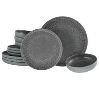 CreaTable, 21621, Serie Uno Volcano Dark, 12-teiliges Geschirrset, Teller Set aus Steinzeug, Anthrazit