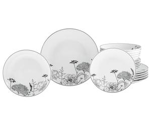 CreaTable, 22673, Série Luna Black Flower, service de vaisselle 18 pièces, ensemble d'assiettes en porcelaine, compatible lave-vaisselle et micro-ondes, production de qualité.
