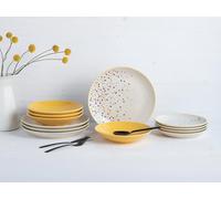 CreaTable, 24236 Série Joy Dots Yellow Service de table 12 pièces pour 4 personnes, assiettes en grès, passe au lave-vaisselle et au micro-ondes, production de qualité