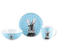 CreaTable, 25215 Série Happy Bunny Blue Service de table de Pâques 3 pièces en porcelaine, passe au lave-vaisselle et au micro-ondes, fabriqué en Europe