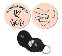 CREATCABIN 1 Set A Pocket Hug for You Token Palm Heart Pattern Long Distance Relationship Keepsake Keychain Acier Inoxydable Double Face avec PU Leather Keychain Gift for Family Friends 3cm