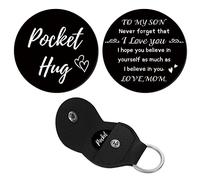 CREATCABIN 1 Set Pocket Hug Token Heart Pattern Long Distance Relationship Keepsake Keychain Acier Inoxydable Double Face avec PU Leather Keychain Gift for Son Family(Black)-to My Son 3cm