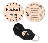 CREATCABIN 1 Set Pocket Hug Token Star Pattern Long Distance Relationship Keepsake Keychain Acier Inoxydable Double Face avec PU Leather Keychain Gift for Family Friends 3cm(Or Rose)