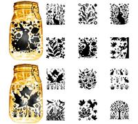 CREATCABIN 12 Autocollant Silhouette 12 Styles en PVC Imperméable sans Adhésif pour Décoration de Bocaux Mason Scrapbooking Pâques Lapins Feuilles Découpes Décalcomanies pour Lampes Bricolage 10x9cm