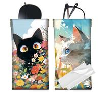 CREATCABIN 2 étui à Lunettes de Soleil en Cuir Souple et Fin Motif Chat et Fleur Pochette de Voyage Étanche avec Chiffon de Nettoyage Cadeau pour Femmes et Hommes 18x9cm