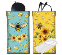 CREATCABIN 2 étui Lunettes Cuir Portable Mince Abeille Tournesol Étui Lunettes Soleil Sac Presser Dessus Souple Support Pochette Voyage Étanche Chiffon Nettoyage Cadeau pour Vacances 18x9cm