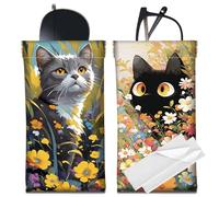 CREATCABIN 2 étui Lunettes Soleil Cuir Étui Lunettes Mince Portable Sac Fleurs Chat Haut Presser Pochette Support Souple Voyage Étanche avec Chiffon Nettoyage pour Vacances 7x3.5 Pouces