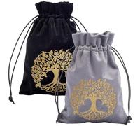 CREATCABIN 2 Pochette en Velours avec Cordon de Serrage pour Cartes de Tarot Pochette Noire et Grise Motif Arbre de Vie pour Ranger Bijoux Cristaux Sorcellerie 13x18cm
