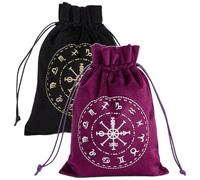 CREATCABIN 2 Sac Rangement Cartes Tarot Velours,12 Pochettes Sac Constellations,Support Rune Cordons Serrage,Grand Emballage pour Carte Tarot,Bijoux Cristal,Dés,Cadeau Halloween 18x13cm,Noir Violet