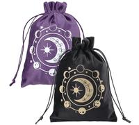 CREATCABIN 2 Sac Rangement pour Cartes Tarot avec Cordon Serrage Pochette pour Cartes Tarot Pochette pour Jeux Tarot Noir et Violet Motif Phases Lune Emballage Bijoux Velours pour Cristaux 13.5x18cm