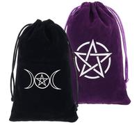 CREATCABIN 2 Sac Rangement pour Cartes Tarot Pochette Velours Noir Violet Cordon Serrage Étoile Lune Divination Dés Cartes Support Protection Pochettes d'emballage pour Bijoux Petits Objets 18x12cm