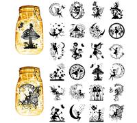 CREATCABIN 24 pièce Silhouettes Fées Forme Pot Mason,Lanterne d'ange Découpée Laser,Ornements Forme Champignon,Lune,Scrapbooking pour Voitures,Loisirs Créatifs,Noël,Noir,10x9cm(sans Autocollant)