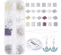 CREATCABIN 240kit Perles Tila 2trous,12couleurs Mélangées Verre,Perles Rocaille Japonaises Vrac Rectangulaires,Mini Aiguilles Perles Carrées,Fil Élastique pour Travaux Manuels,Bracelets,5mm,Gris