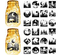 CREATCABIN 24Pcs Halloween Animaux Silhouettes Mason Jar Decals Lune Loup Ours Cerf Scrapbooking Autocollants Fabrication Carton Artisanat Découpé au Laser PVC pour Lanternes Pots DIY Halloween 9x10cm