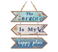 CREATCABIN 3 Pièces en Bois la Plage Est Mon Lieu Heureux Signe Flèche en Bois Décoration Murale Ferme Cuisine Rustique avec Trou pour Maison Salle à Manger Salon (Couleur Turquoise Foncé)