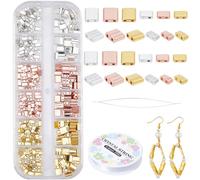 CREATCABIN 300kit Perles Tila 2trous,6styles,Mélange Perles Rocaille Verre,Rectangle,Mini Aiguilles Carrées Opaques,Fil Élastique pour Travaux Manuels,Bracelets,Colliers,Boucles D'Oreilles,Or,Argent