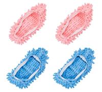 CREATCABIN 4 pièce Couvre Chaussons Mop Plumeau Serpillère Pantoufles Chaussures Bleu Rose Chaussons Nettoyage Multifonction Poussière Mop Chaussons Amovibles Microfibre Chaussettes Velours 40x26cm