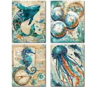 CREATCABIN 4 pièce D'Art Mural Océan,Baleine,Hippocampe,Méduse,Impression Sur Toile,Décoration Murale Vintage,Animaux Marins,Huile Fibre Chimique pour Maison Bureau,la Salle de Bain,25x20cm,Sans Cadre