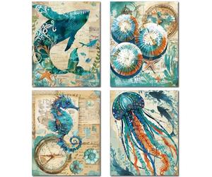 CREATCABIN 4 pièce D'Art Mural Océan,Baleine,Hippocampe,Méduse,Impression Sur Toile,Décoration Murale Vintage,Animaux Marins,Huile Fibre Chimique pour Maison Bureau,la Salle de Bain,25x20cm,Sans Cadre
