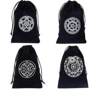 CREATCABIN 4 Pièces 4 Styles Sac Rangement Tarot Noir Pochettes d'emballage Cordon Velours Pentagramme Phase Lune Étoile Sac Cadeaux pour Tarot Dés Carte Cristal Fortune Telling Card Pouch Halloween