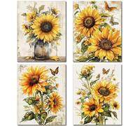 CREATCABIN 4 Toile Imprimée de Tournesols-Décoration Murale Vintage avec Fleurs-Décoration Murale Rustique-Décoration Murale Rectangulaire en Fibre Chimique-Huile pour Maison,Ferme-25x20cm-Sans Cadre