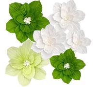 CREATCABIN 6 pièce Fleurs Artificielles Papier Vert 3D Décoration Murale pour Mariage Anniversaire Mariée Tissu Blanc Crêpe Décoration Murale Florale Salle hambre Table Décorations