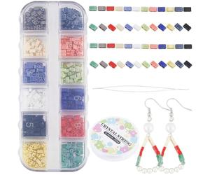 CREATCABIN 600 kit Perles Demi-Tila 2 Trous,12 Couleurs Mélangées,Perles Rocaille Vrac Rectangulaires,Mini Aiguilles Perles Carrées Opaques,Fil Élastique pour,Boucles d'oreilles,Fabrication Bijoux