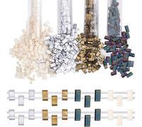 CREATCABIN 600 pièce Perles Demi-Tila 2 trous,4 couleurs Mélangées,Perles Rocaille Verre Rectangulaires,Mini Peinture Cuisson,Couleur Métallique Opaque pour D'Oreilles,Fabrication Bijoux
