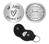 CREATCABIN A Little Pocket Hug Token Coeur Longue Distance Relation Souvenir Porte-Clés en Acier Inoxydable Double Face avec PU Cuir Porte-Clés Cadeau pour Famille Amis Femmes Fille Fils Argent 1.2