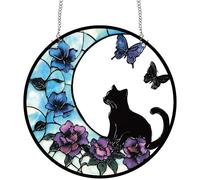 CREATCABIN Attrape Soleil en Forme de Chat Décoration Murale en Verre Acrylique Teinté Panneau Rond 25x25cm avec Crochets en Métal Motif Fleur et Papillon pour la Maison Le Jardin Halloween Noël