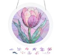 CREATCABIN Attrape Soleil Puzzle Acrylique Forme Tulipe Monter Soi Même. | Kit D'Attrape Soleil Rond et Plat Vitrail à Suspendre Fenêtre. Décoration Idéale pour Maison Jardin Ou 18.5x18.5cm