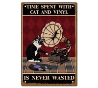 CREATCABIN Black Cat Metal Tin Sign Decor Time Spent with Cat and Vinyl is Never Wasted Metal Poster Kitty Wall Art Decor Sign Plaques for Bathroom Garden Home Decor 20 x 30 cm